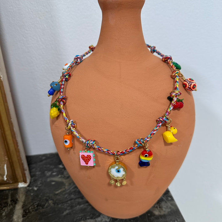 THE CARNIVAL NECKLACE — MULTICOLOR BRAIDED CORD & GLASS CHARMS