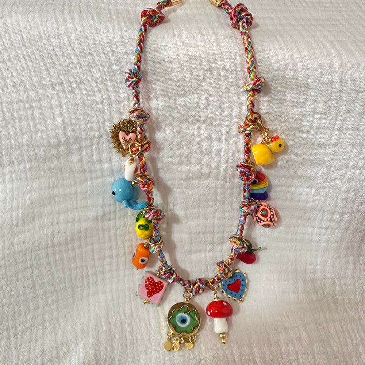 THE WORLD CUP NECKLACE — MULTICOLOR BRAIDED CORD & GLASS CHARMS