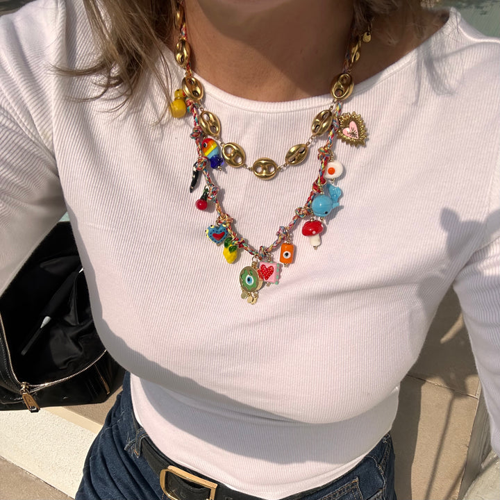 THE WORLD CUP NECKLACE — MULTICOLOR BRAIDED CORD & GLASS CHARMS