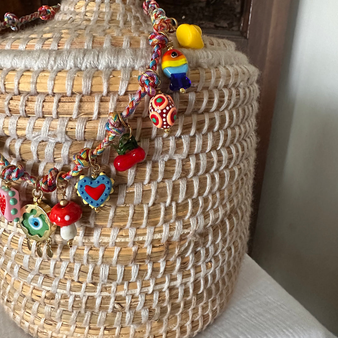 THE WORLD CUP NECKLACE — MULTICOLOR BRAIDED CORD & GLASS CHARMS