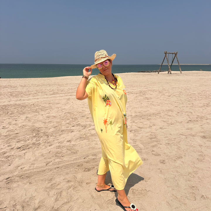 YELLOW EMBROIDERED BEACH TUNIC – COTTON VOILE V-NECK COVER-UP