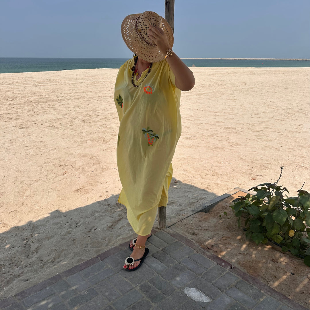 YELLOW EMBROIDERED BEACH TUNIC – COTTON VOILE V-NECK COVER-UP