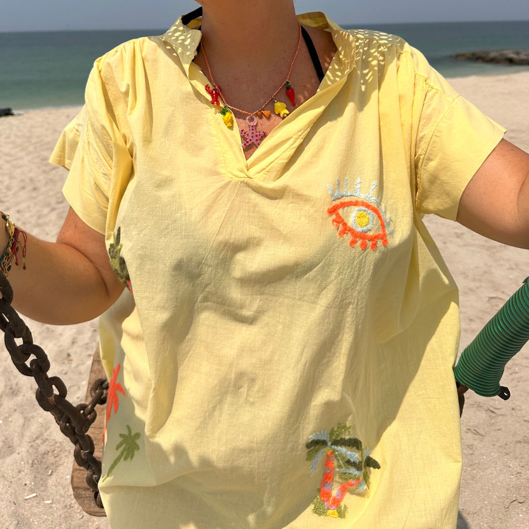YELLOW EMBROIDERED BEACH TUNIC – COTTON VOILE V-NECK COVER-UP