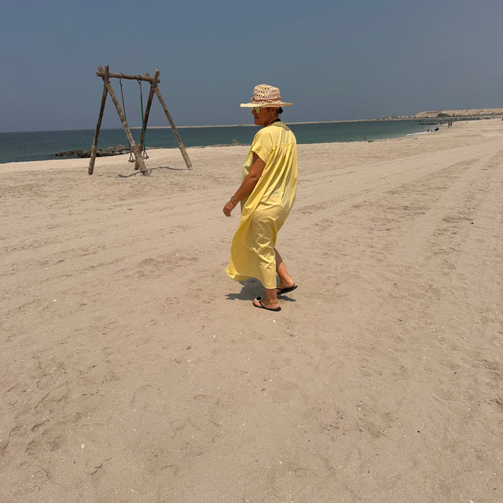 YELLOW EMBROIDERED BEACH TUNIC – COTTON VOILE V-NECK COVER-UP