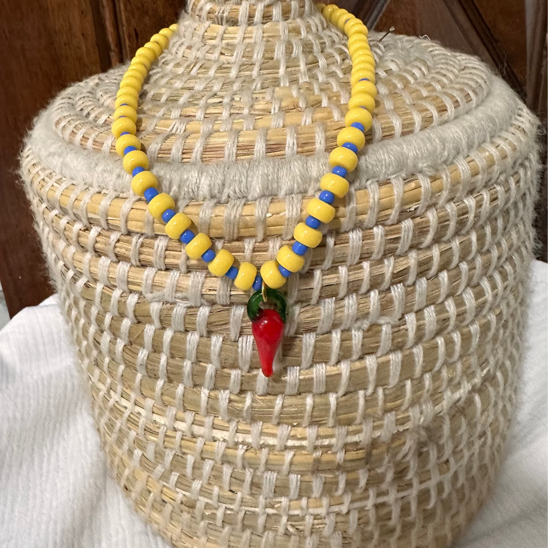 YELLOW & BLUE CHOKER NECKLACE WITH GLASS CHILLI PEPPER CHARM