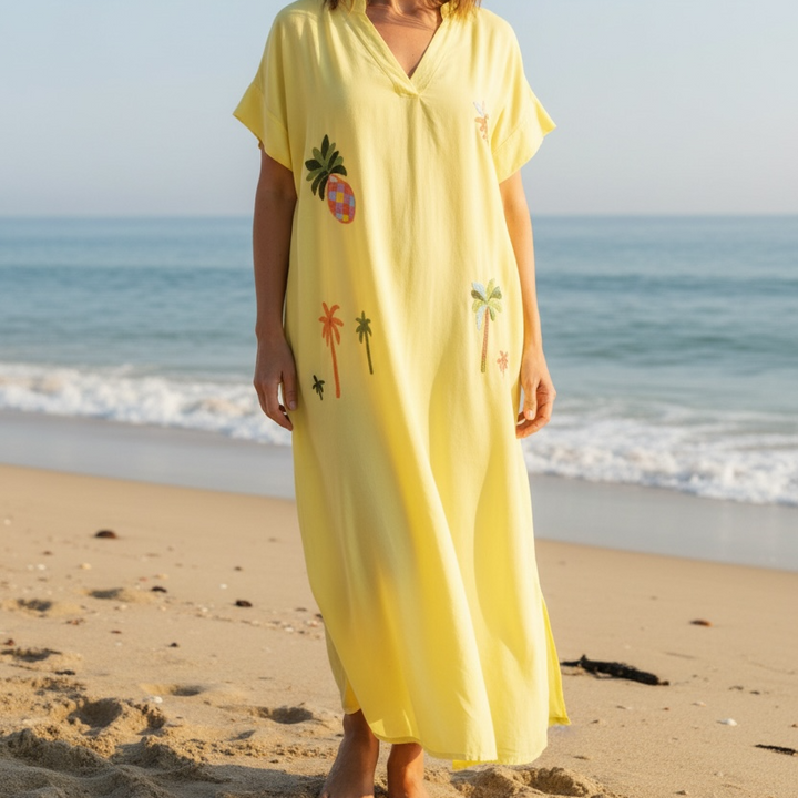 YELLOW EMBROIDERED BEACH TUNIC – COTTON VOILE V-NECK COVER-UP