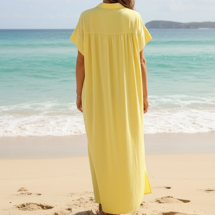 YELLOW EMBROIDERED BEACH TUNIC – COTTON VOILE V-NECK COVER-UP