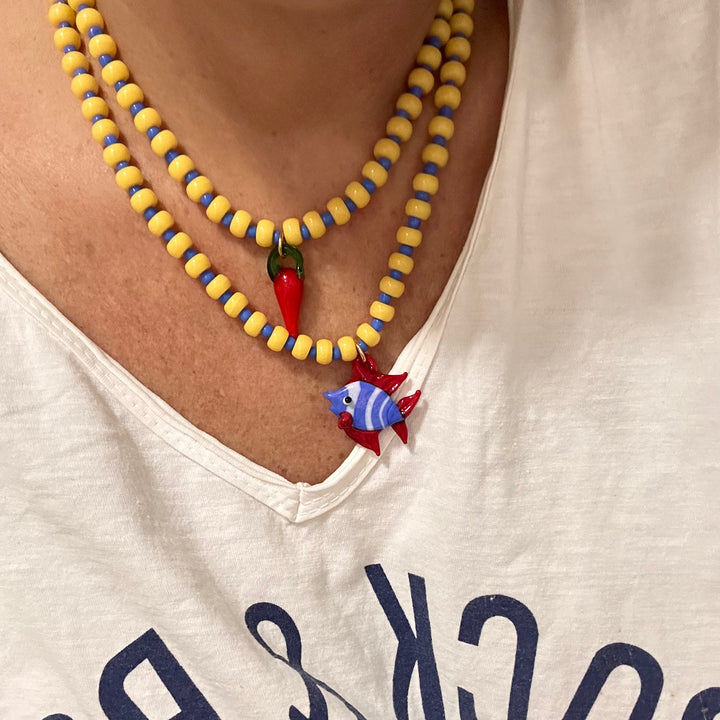 YELLOW & BLUE CHOKER NECKLACE WITH GLASS CHILLI PEPPER CHARM