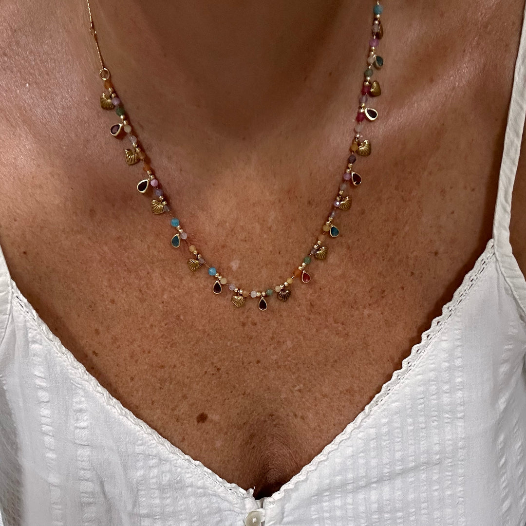 ZELIE MULTICOLOR NATURAL STONE CHARM GOLD NECKLACE