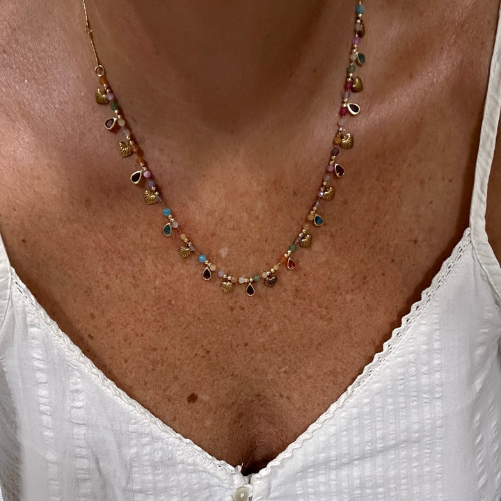 ZELIE MULTICOLOR NATURAL STONE CHARM GOLD NECKLACE
