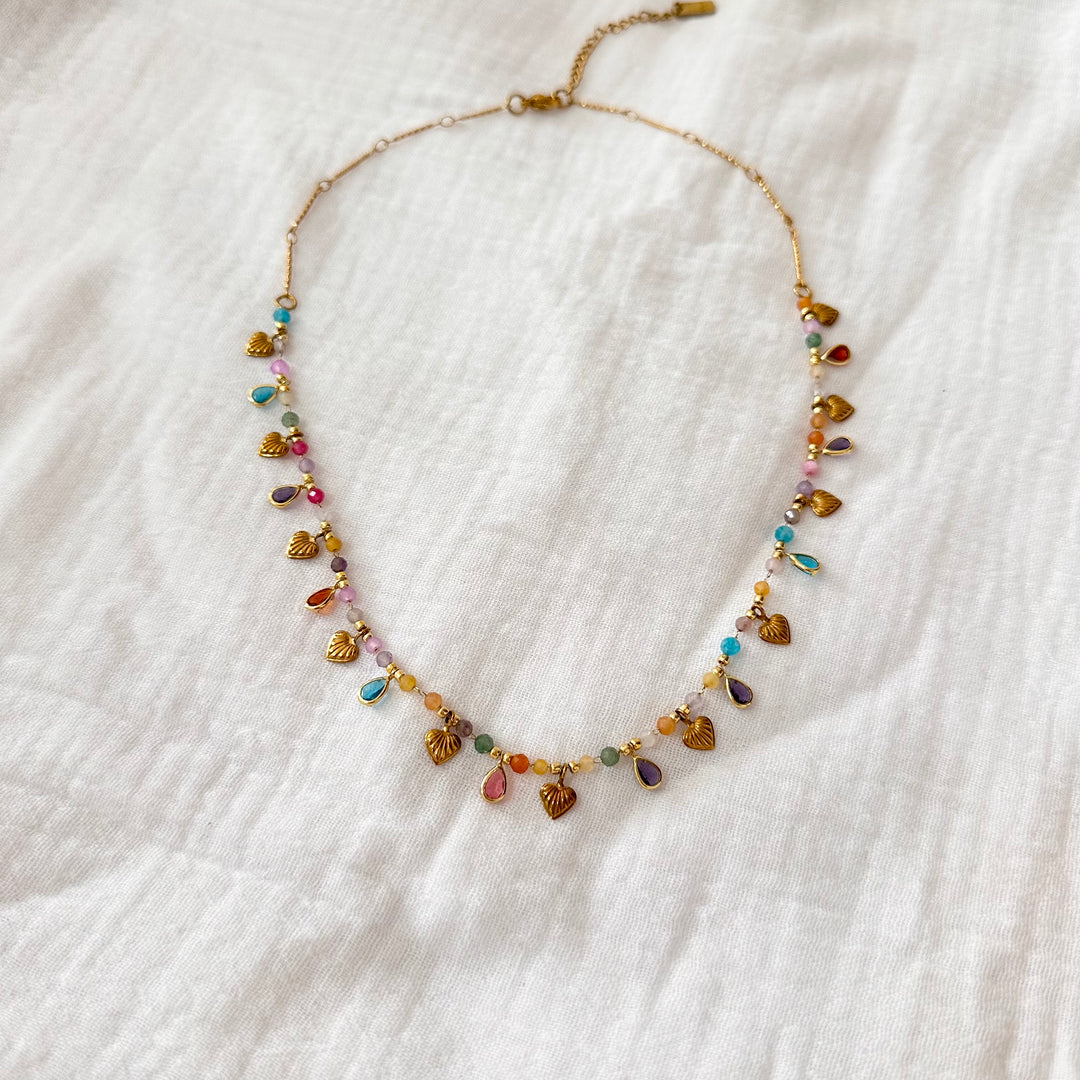 ZELIE MULTICOLOR NATURAL STONE CHARM GOLD NECKLACE