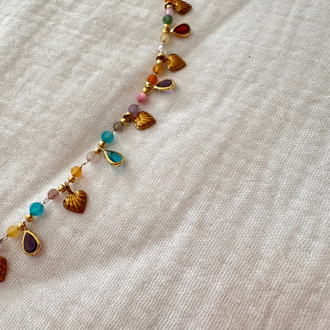 ZELIE MULTICOLOR NATURAL STONE CHARM GOLD NECKLACE