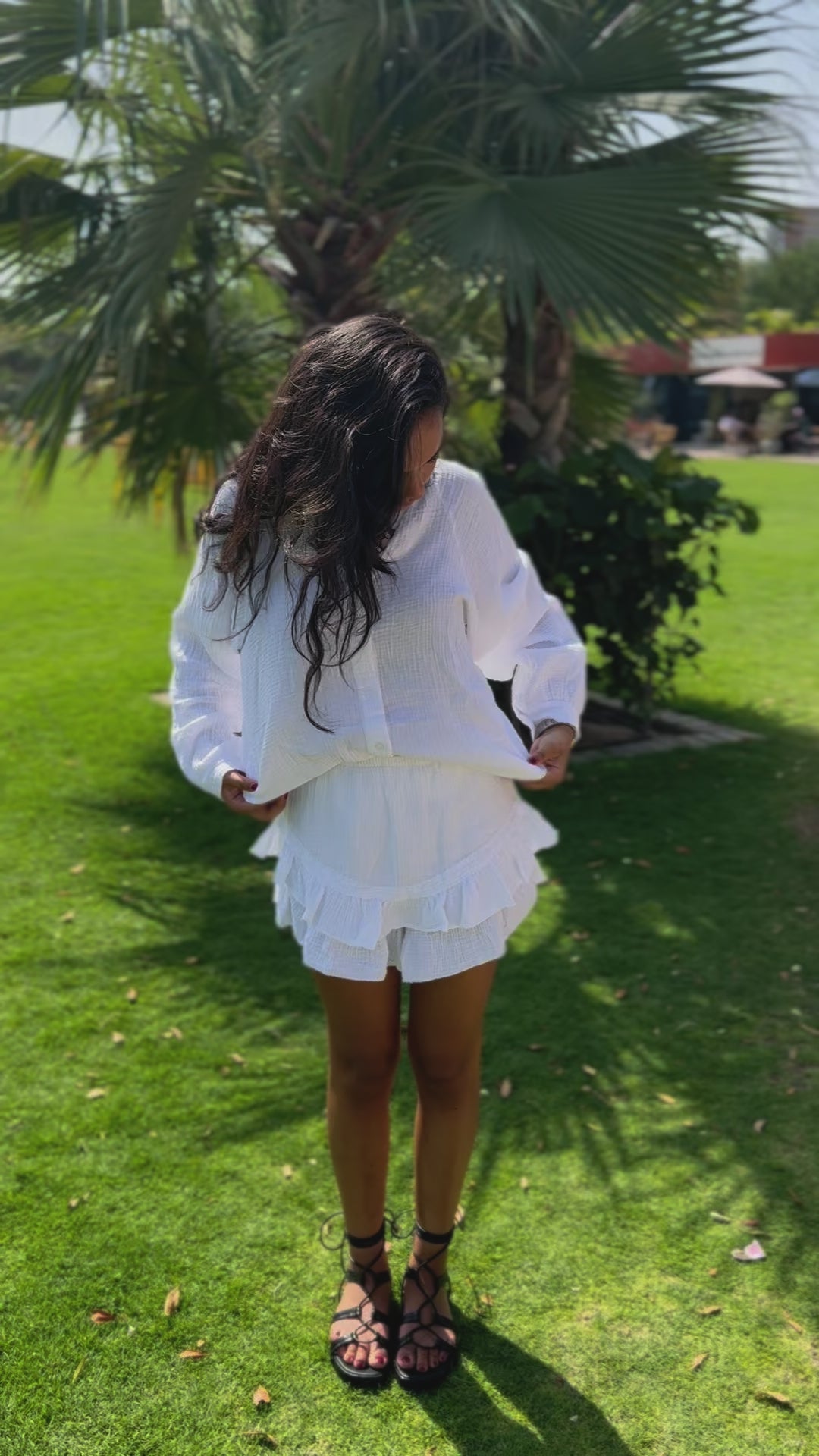 WHITE COTTON GAUZE SET MAJDOU-SHIRT&RUFFLE SKORT