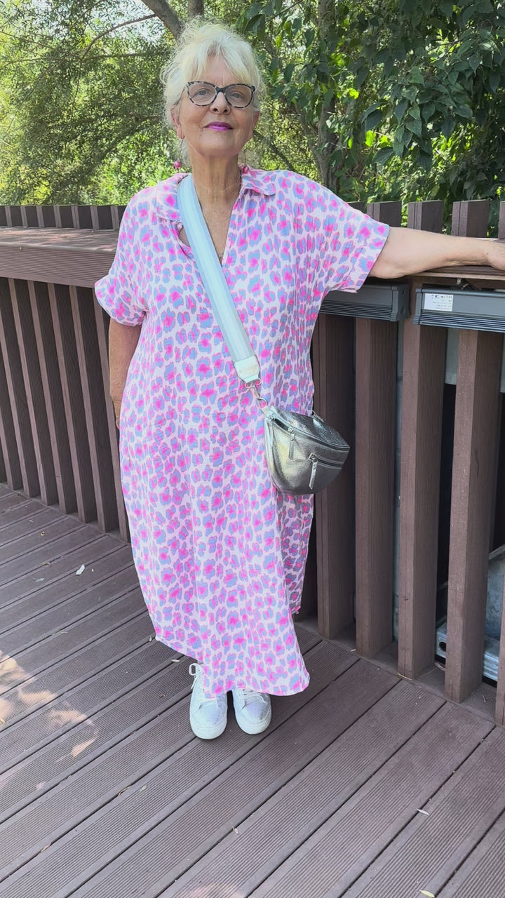 FANFAN PINK LEOPARD OVERSIZED TUNIC COTTON GAUZE DRESS